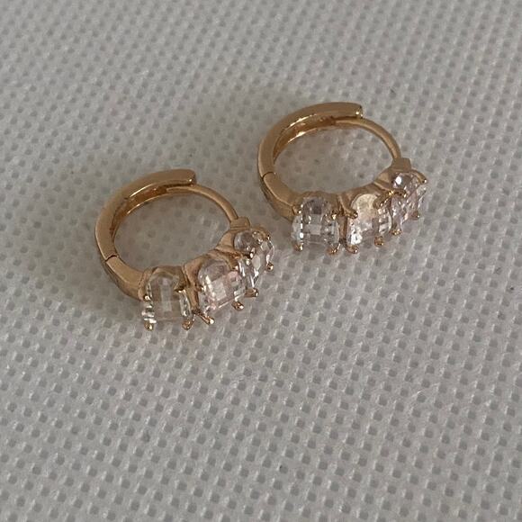 Gold Tone Huggie Hoop Earrings Baguette CZ Crystals Retro Style Hypoallergenic - Picture 7 of 17